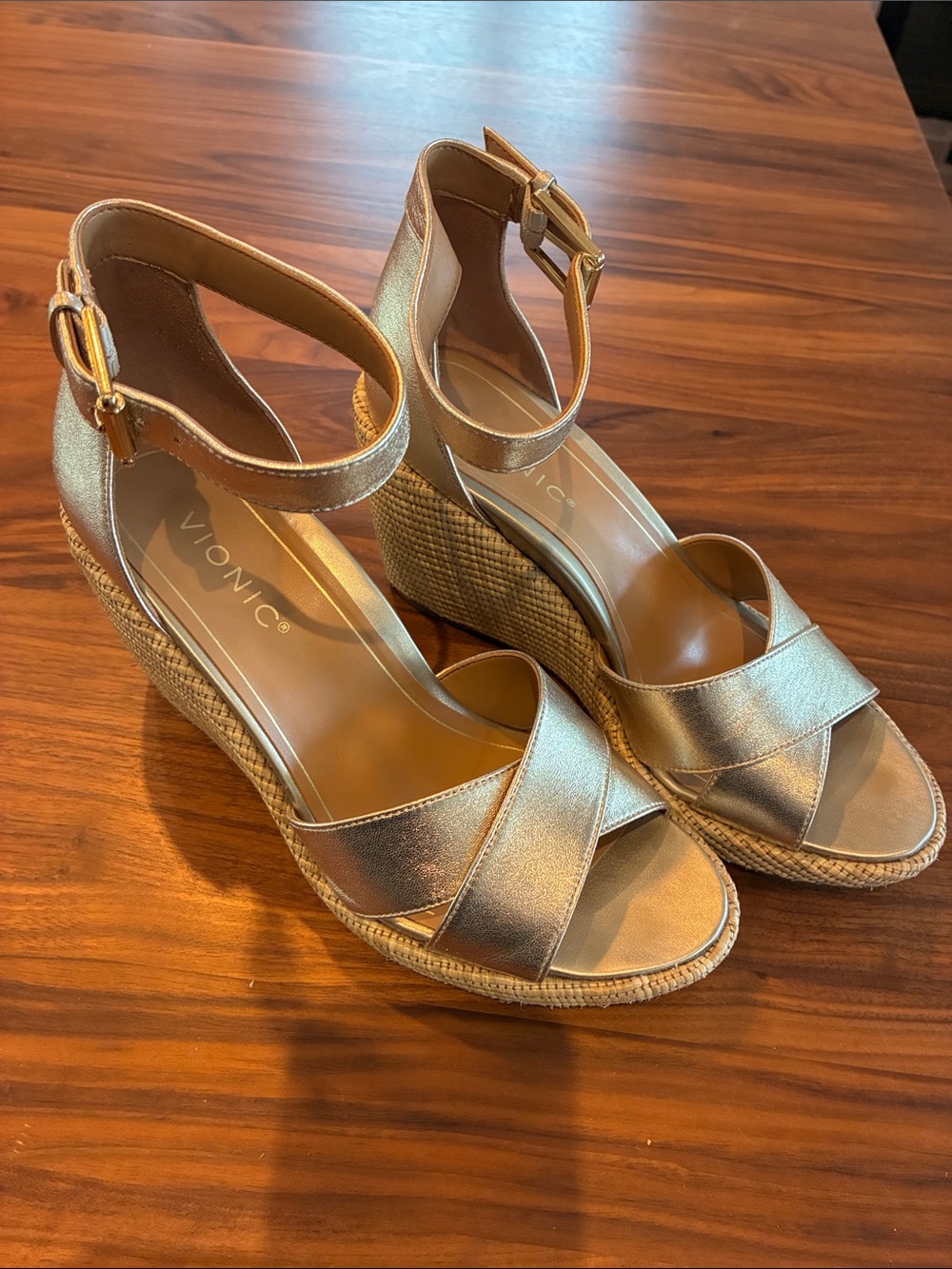 Vionic Women's Metallic Gold Espadrille Wedges with Ankle Strap